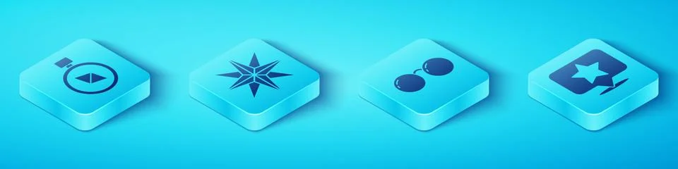 Set Isometric Compass, Wind rose, Map pointer with star and Glasses icon. Vector Stock Illustration