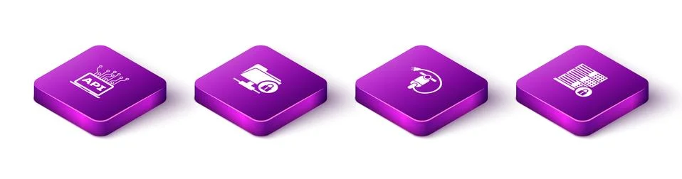 Set Isometric Computer api interface, FTP folder and lock, Electric scooter and Stock Illustration