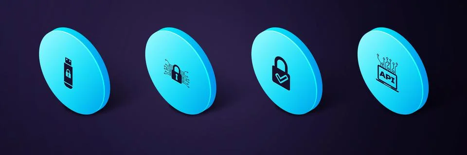 Set Isometric Computer api interface, Lock and check mark, Cyber security and Stock Illustration