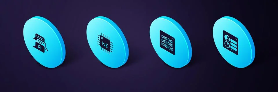 Set Isometric Computer api interface, Binary code, Processor CPU and Chat bot Stock Illustration