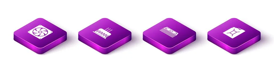 Set Isometric Computer cooler, Cake with burning candles, Stacks paper money Illustrazione stock