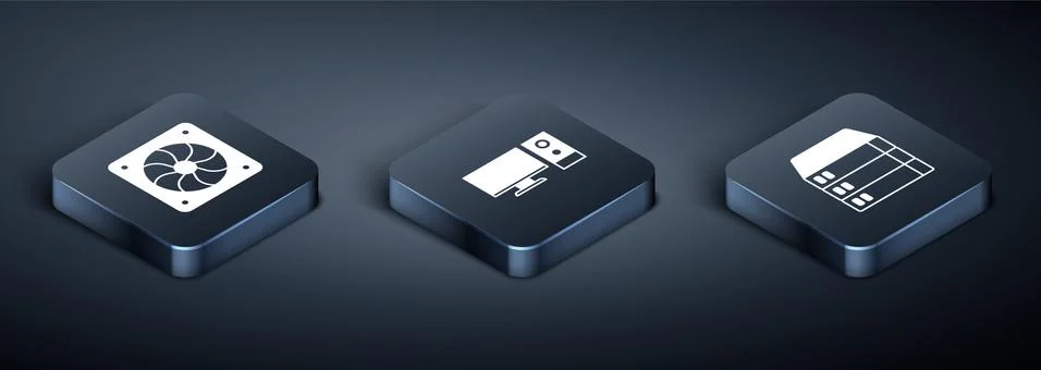 Set Isometric Computer cooler, Server, Data, Web Hosting and monitor icon Stock Illustration