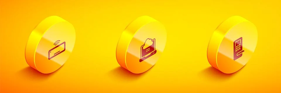 Set Isometric Computer keyboard, Network cloud connection and Digital door lo Stock Illustration