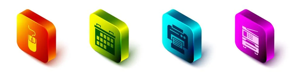 Set Isometric Computer mouse, Calendar, Printer and Printer icon. Vector 库存插图