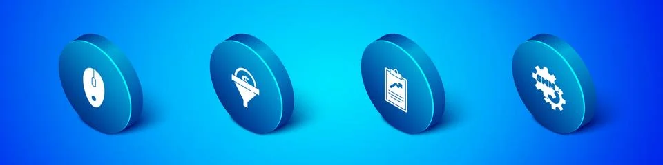 Set Isometric Computer mouse, Clipboard with graph chart, Social media marketing Stock Illustration