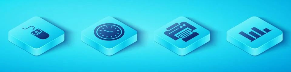 Set Isometric Computer mouse, Clock, Pie chart infographic and Printer icon 库存插图