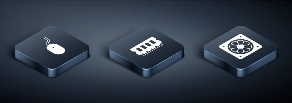 Set Isometric Computer mouse, cooler and RAM, random access memory icon. Vector 스톡 일러스트