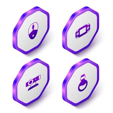Set Isometric Computer mouse, Portable video game console, Web camera and Bottle 스톡 일러스트