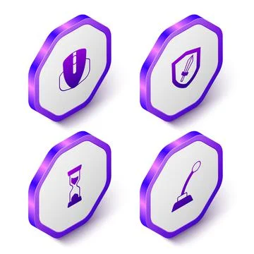 Set Isometric Computer mouse, Sword for game, Old hourglass and Microphone icon 스톡 일러스트