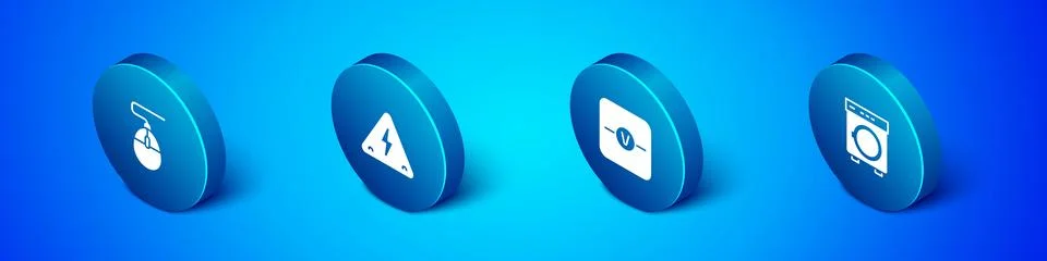 Set Isometric Computer mouse, Voltmeter, Washer and High voltage icon. Vector Illustrazione stock