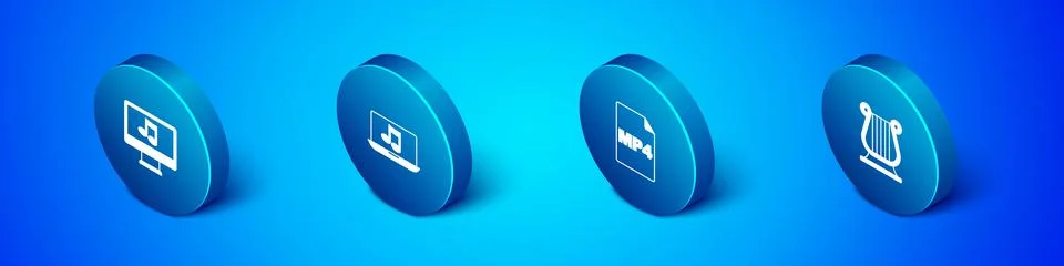 Set Isometric Computer with music note, MP4 file document, Ancient Greek lyre Stock Illustration