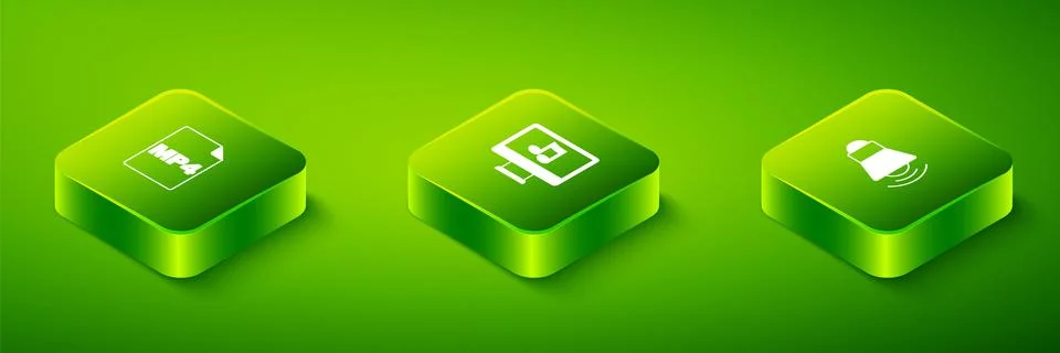 Set Isometric Computer with music note, Megaphone and MP4 file document icon Stock Illustration