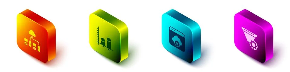 Set Isometric Computer network, Data analysis, Failed access cloud storage and Stockillustratie