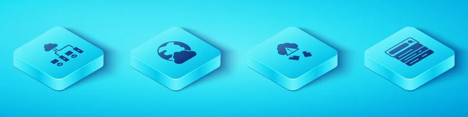 Set Isometric Computer network, Social, Search engine and Cloud hacking icon Stock Illustration