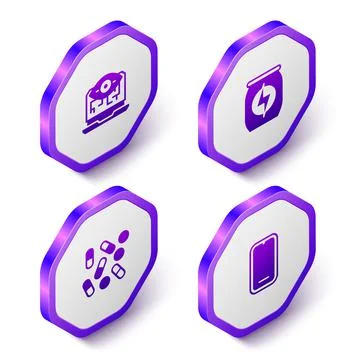 Set Isometric Computer vision, Energy drink, Medical pill biohacking and Mobile 스톡 일러스트