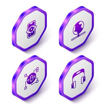 Set Isometric Computer vision, Global technology, Blockchain Bitcoin and Stock Illustration