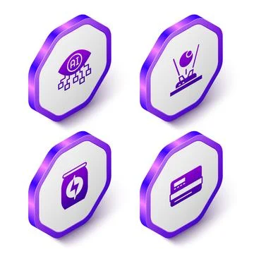 Set Isometric Computer vision, Hologram, Energy drink and Credit card icon Illustrazione stock