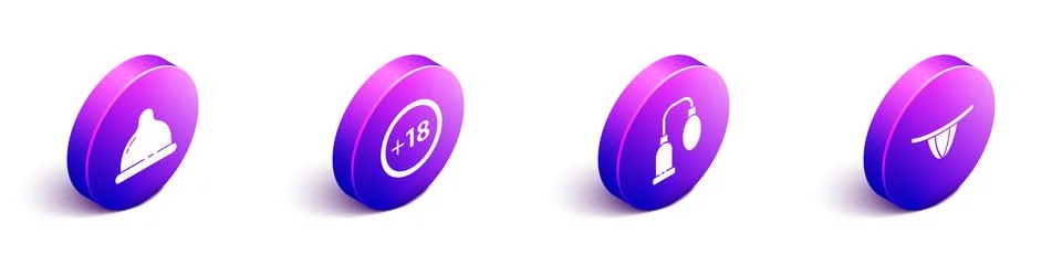 Set Isometric Condom, Plus 18 movie, Penis pump and Woman panties icon. Vector Stock-Illustration
