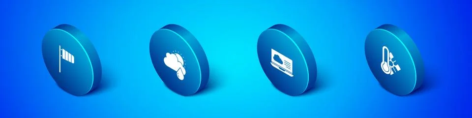 Set Isometric Cone windsock wind vane, Weather forecast, Meteorology thermometer Stock Illustration