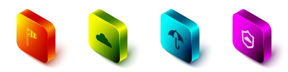 Set Isometric Cone windsock wind vane, Cloud, Umbrella and Weather forecast icon Stock Illustration
