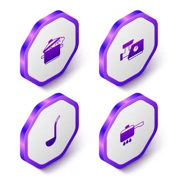 Set Isometric Cooking pot, Kitchen meat grinder, ladle and on fire icon. Purple Stock Illustration