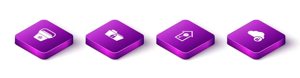 Set Isometric Cooler bag, Folder and lock, Retro wall watch and Cloud computing Stock Illustration