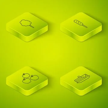 Set Isometric Corn dog, Apple, Stack of pancakes and Cotton candy icon. Vector Illustrazione stock