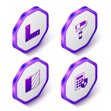 Set Isometric Corner ruler, Paint roller brush, Wallpaper and Security keypad Stock Illustration