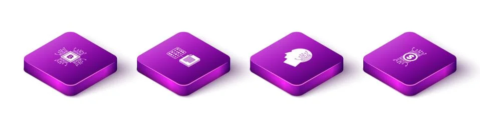 Set Isometric CPU mining farm, Smart contract, Brain as digital circuit board 스톡 일러스트