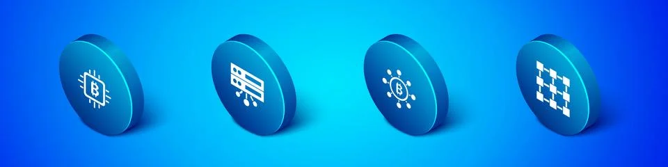 Set Isometric CPU mining farm, Blockchain technology Bitcoin, and Server icon Illustrazione stock
