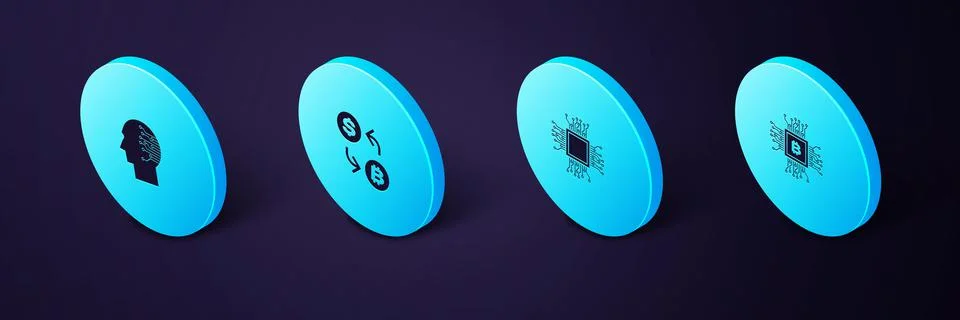 Set Isometric CPU mining farm, Processor, Cryptocurrency exchange and Brain as イラスト素材