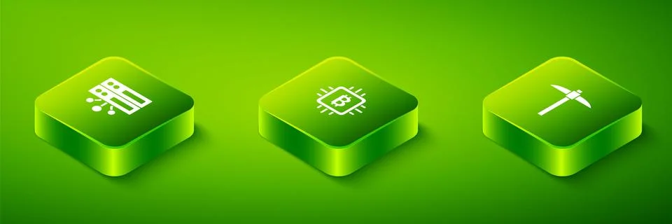 Set Isometric CPU mining farm, Pickaxe and Server icon. Vector Illustrazione stock