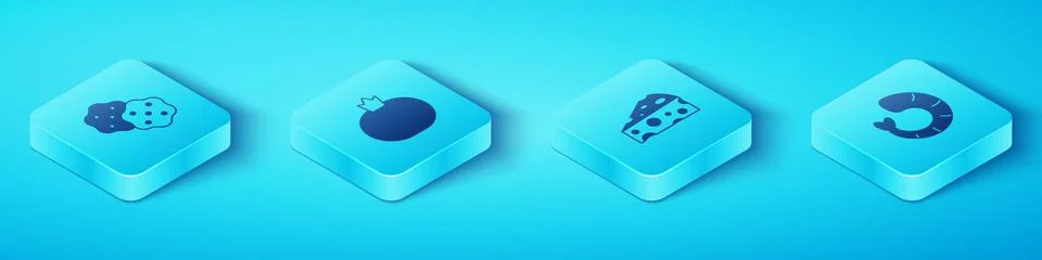 Set Isometric Cracker biscuit, Tomato, Shrimp and Cheese icon. Vector Stock-Illustration
