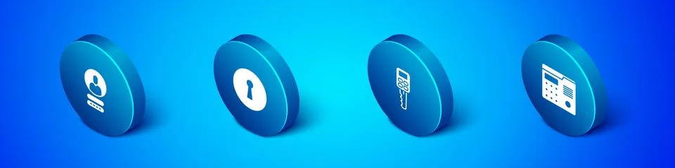 Set Isometric Create account screen, Car key with remote, House intercom system Illustrazione stock