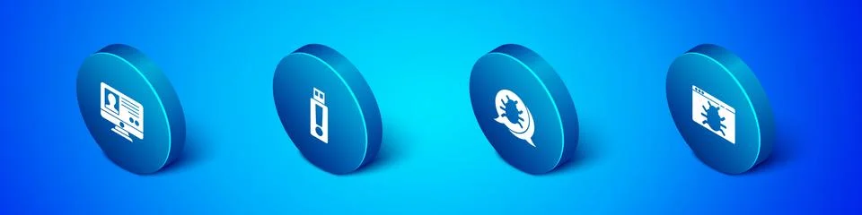 Set Isometric Create account screen, System bug, and USB flash drive icon Stock Illustration