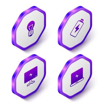 Set Isometric Creative lamp light idea, Battery charge, Smart Tv and Laptop icon Stock Illustration