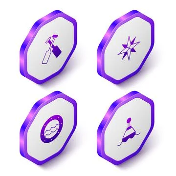 Set Isometric Crossed oars or paddles boat, Wind rose, Ship porthole and Illustrazione stock