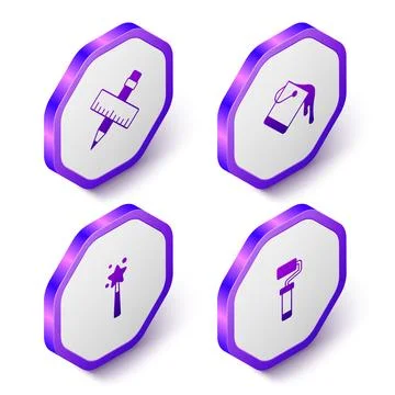 Set Isometric Crossed ruler and pencil, Paint bucket, Magic wand and roller.. Stock Illustration