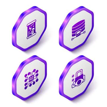 Set Isometric Cryogenic capsules, Cloud database, Neural network and Cyber se Stock Illustration