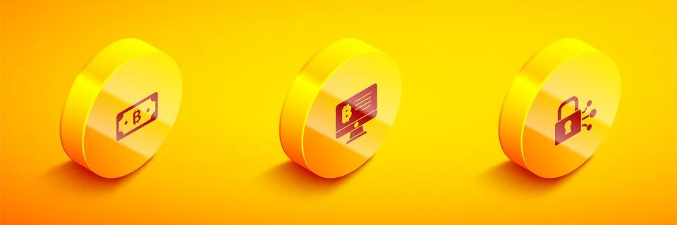 Set Isometric Cryptocurrency bitcoin, Mining from monitor and Lock with icon Stock Illustration