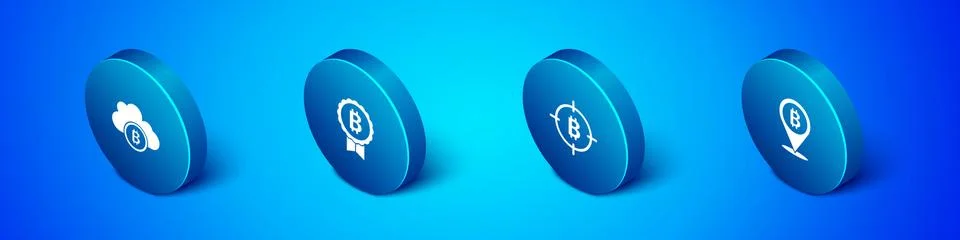 Set Isometric Cryptocurrency cloud mining, Bitcoin the target, and icon. Vector Illustrazione stock