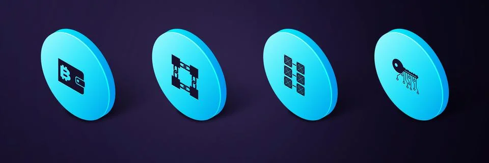 Set Isometric Cryptocurrency key, Mining farm, Blockchain technology and wall Stock Illustration