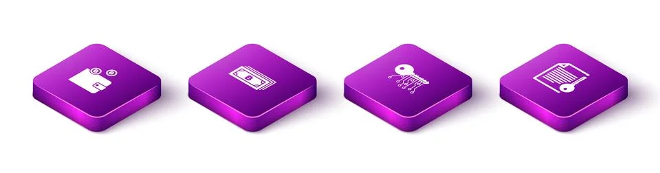 Set Isometric Cryptocurrency wallet, bitcoin, key and Smart contract icon. Ve Stock Illustration