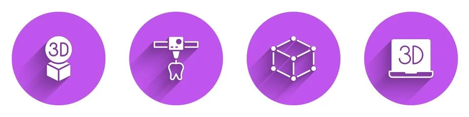 Set Isometric cube, 3D printer tooth, and icon with long shadow. Vector Stock Illustration