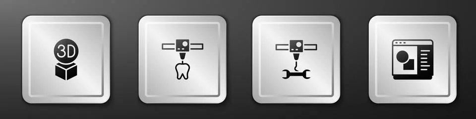 Set Isometric cube, 3D printer tooth, wrench spanner and software icon. Silve Ilustração Stock