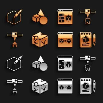 Set Isometric cube, 3D printer tooth, Sketch on paper, perfect copy, house, 3d Stock Illustration