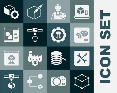 Set Isometric cube, 3D printer setting, Graphic designer, tooth, software, and Ilustração Stock