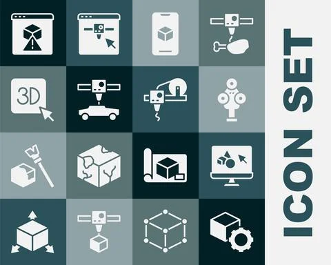 Set Isometric cube, 3D printer software, scanner, car, and icon. Vector Stock Illustration