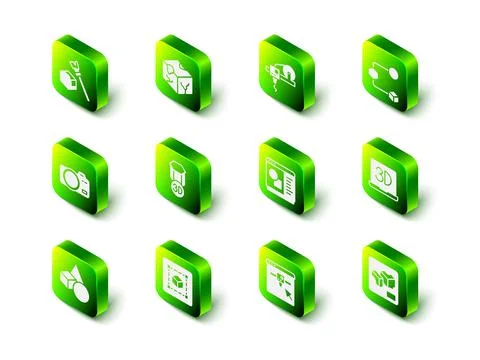 Set Isometric cube, 3D printer, software, setting and Geometric figure Cube icon Stock Illustration