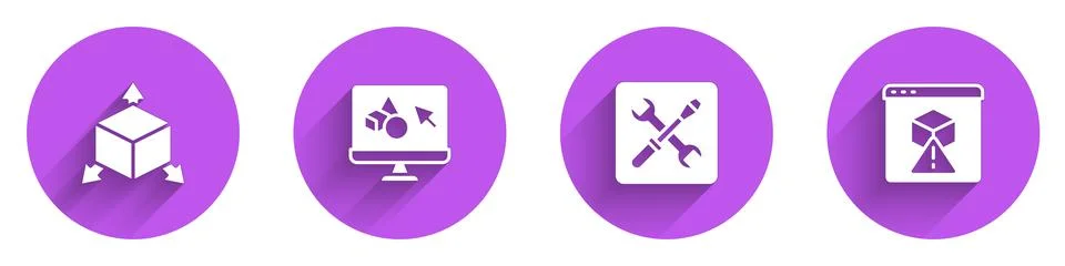 Set Isometric cube, 3D printer software, setting and icon with long shadow Ilustração Stock